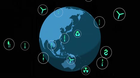 animation of globe with icons on black background