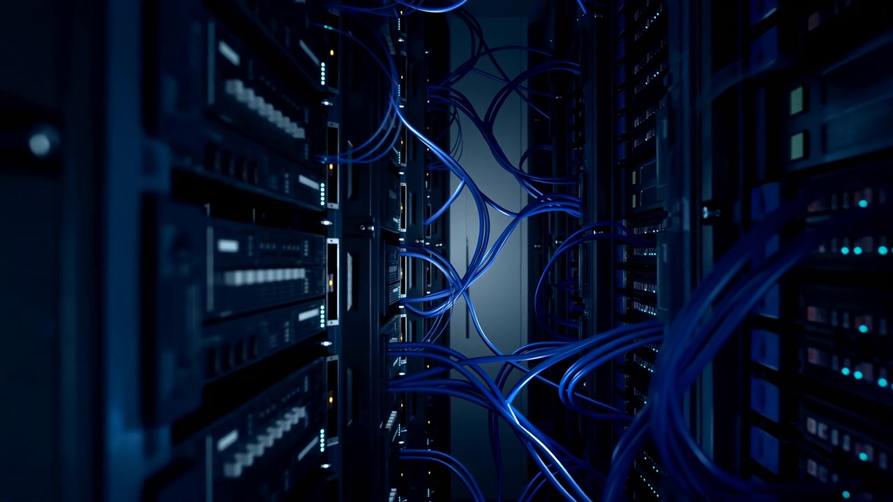 Dark server corridor lined with tall equipment racks, blue cables running through the center, and cool indicator lights reflecting across the interior