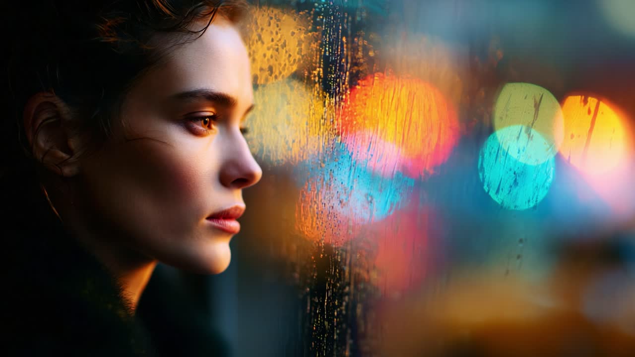A Profound Moment of Reflection: A Portrait of Contemplation Through a Raindrop-Covered Window, Bathed in the Warm Glow of City Lights in the Background
