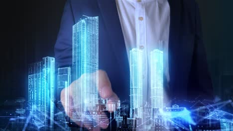 business man press the hologram technology city town