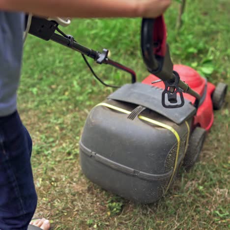 red lawn mower in the garden. boy is cutting grass by electrical mower machine outdoors.