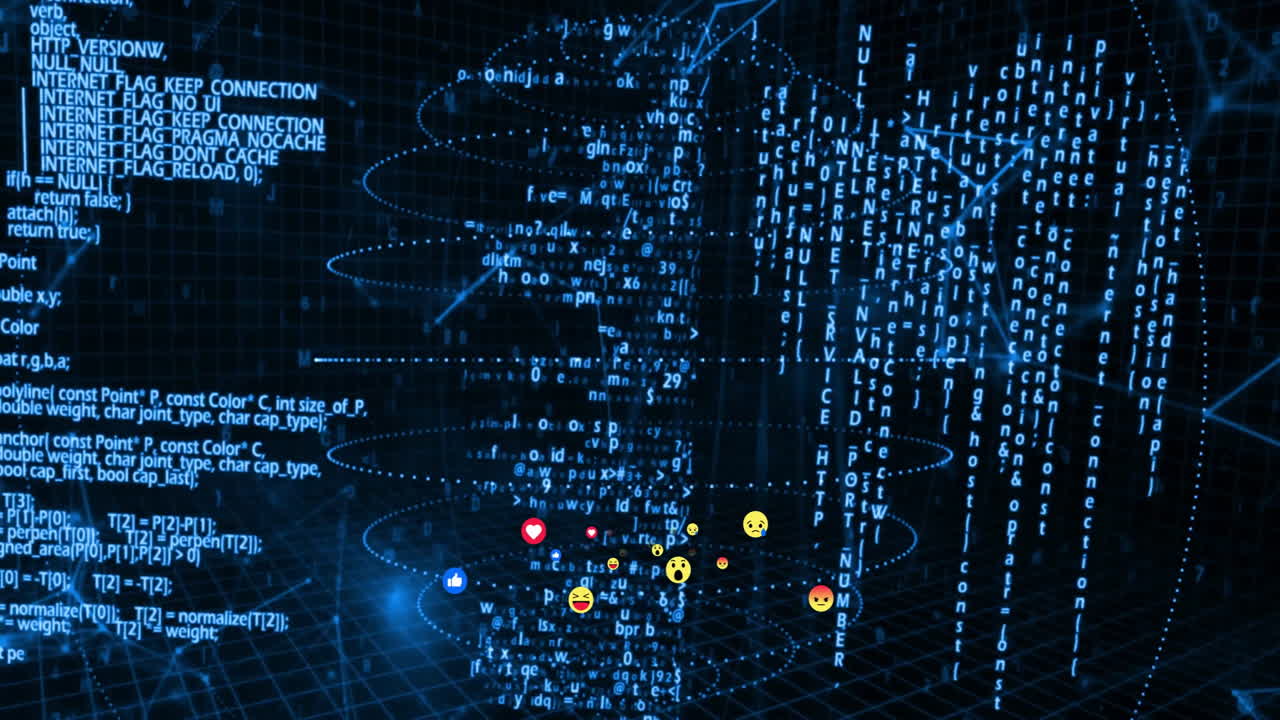 Animation of digital code and emojis floating in virtual reality space