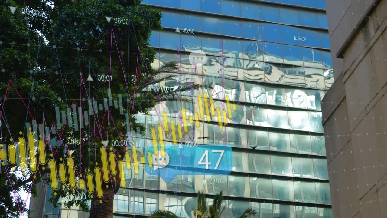 Animazione di elaborazione dati finanziari su moderno edificio in vetro con riflessi di alberi