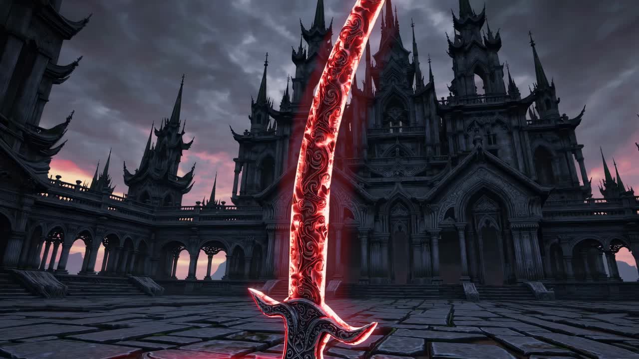 Glowing Red Sword in Front of a Gothic Castle