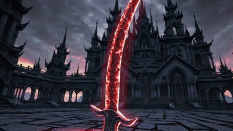 glowing red sword in front of a gothic castle