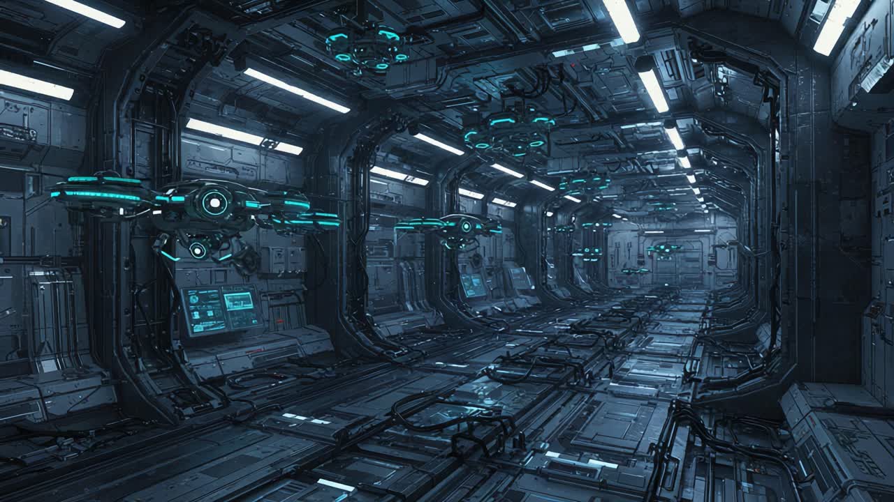 A Futuristic Sci-Fi Corridor Filled with Advanced Technology and Neon Accents, Featuring Sleek Surfaces and Intricate Machinery for an Immersive Space Experience