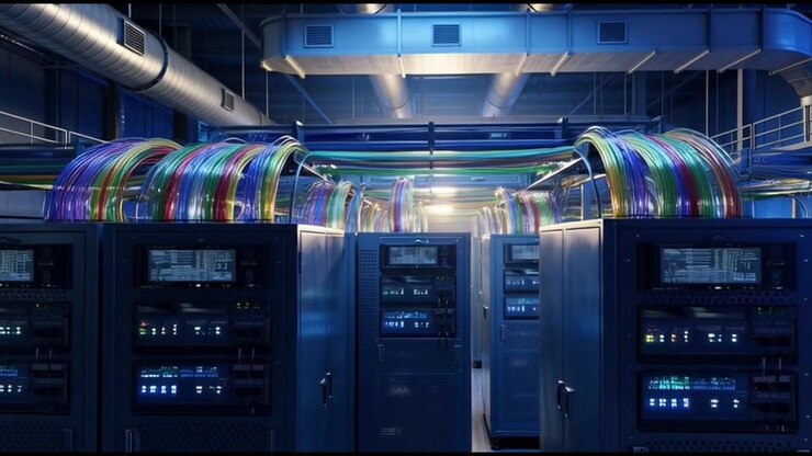 Modern Data Center Server Room with Colorful Fiber Optic Cables
