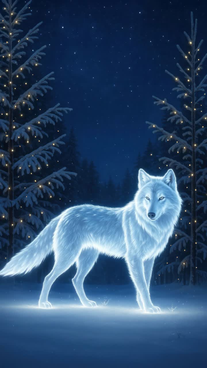 A glowing wolf stands majestically in a snowy forest, captured from a low angle