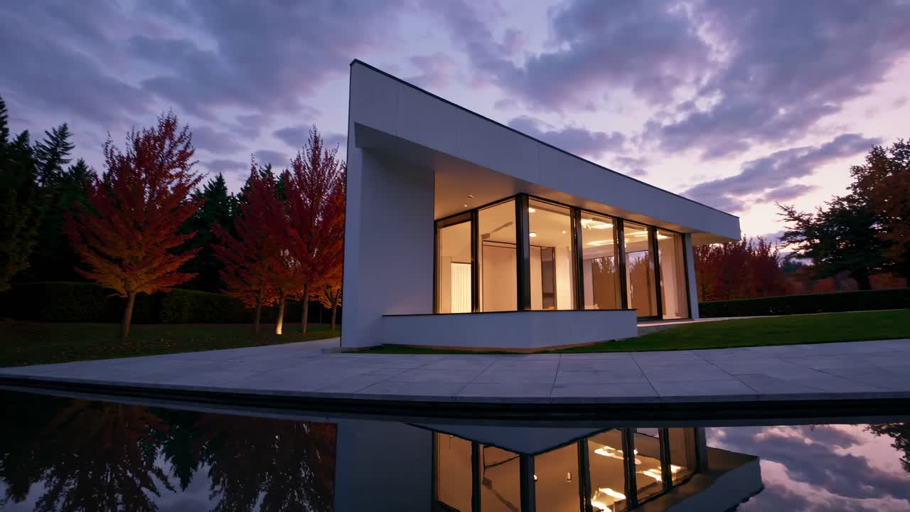 Modern architectural video featuring a sleek, angular house at dusk