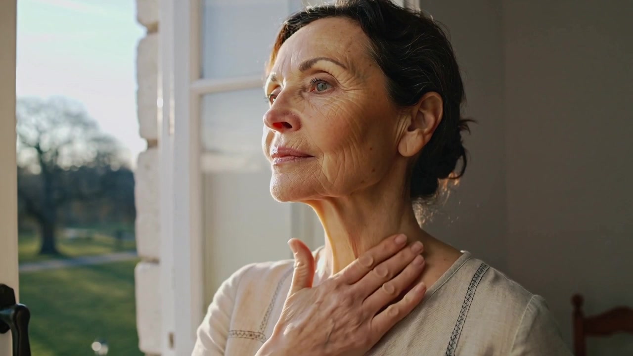 Luce solare che si proietta sul viso di una donna anziana che si accarezza la mano, mentre guarda fuori dalla finestra a casa, in camicetta.