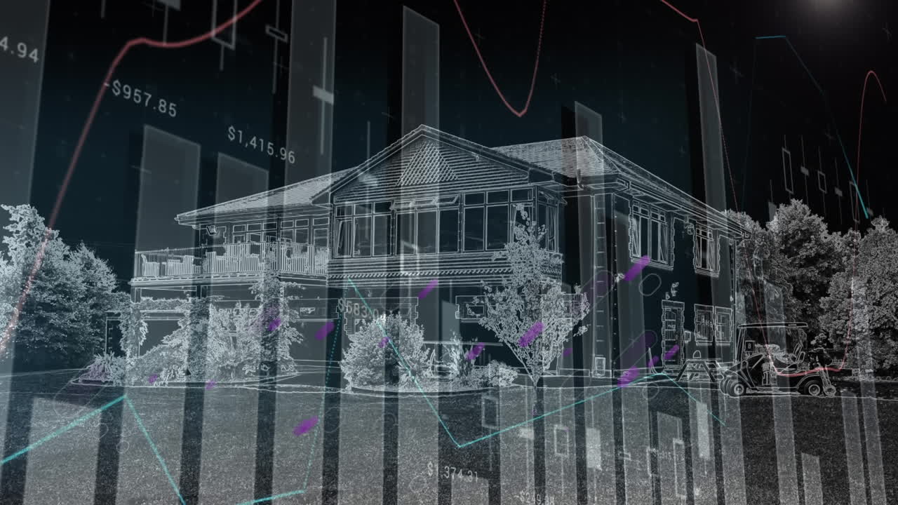 빠르게 움직이는 시계의 애니메이션과 집과 보라색 빛 트레일에 대한 통계 데이터 처리