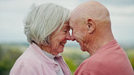 love, kiss and senior couple in a park happy