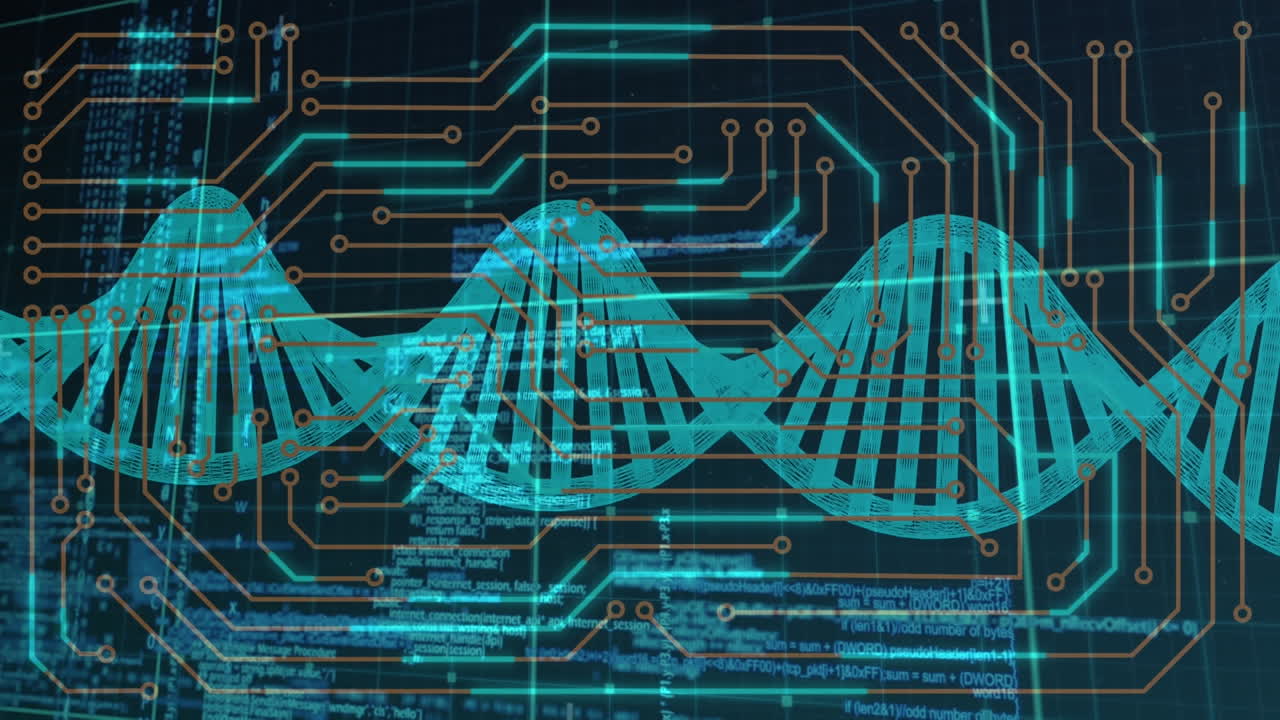 Animation of circuit board pattern over dna helix against computer language on black background