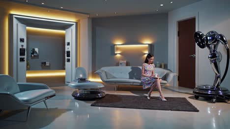 woman reading in a modern, retro-styled living room