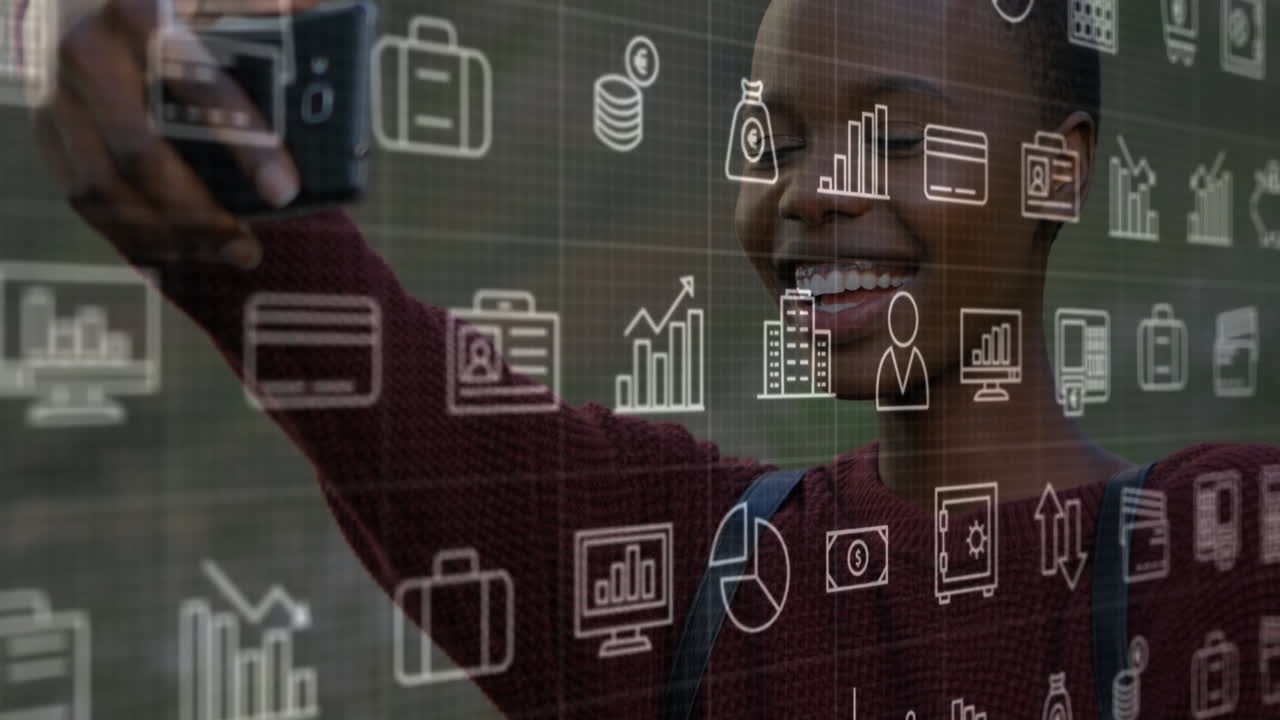 Taking selfie, person with animation of business and technology icons overlayed