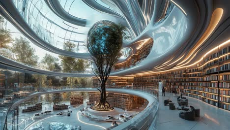 futuristic library with lush nature views