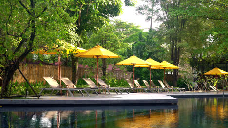 umbrella and pool bed decoration around swimming pool in hotel resort