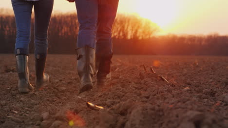 Beine-Von-Zwei-Bauern-In-Gummistiefeln,-Die-Bei-Sonnenuntergang-Auf-Einem-Gepflügten-Feld-Spazieren-Gehen-4k-Video