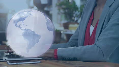 animation of globe with connections over biracial woman using laptop