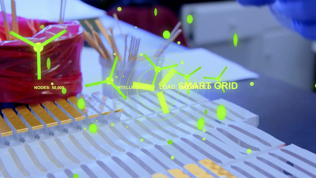 Gloved hand entering frame, aligning yellow blocks while green hologram growing to show SMART GRID