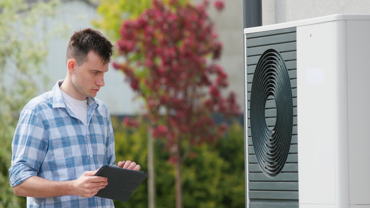 A young engineer sets up a heat pump near a private house. Uses a tablet