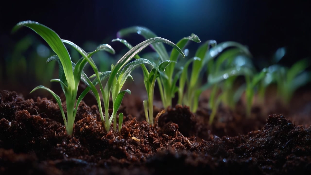 Livlige friske spirer, der skyder frem fra frugtbar jord, fanget i et nærbillede, der viser skønheden og vitaliteten af nyt planteliv under blød belysning.