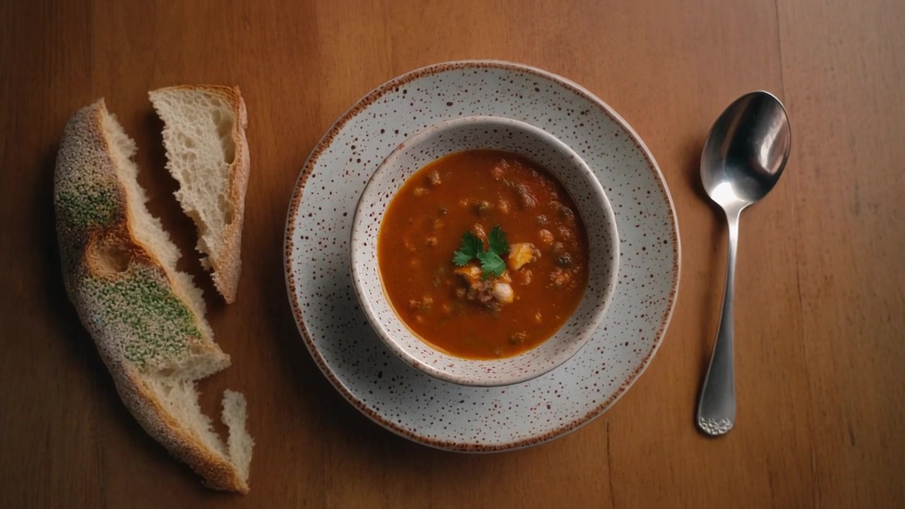 Skål med fyldig tomatsuppe og brød på træbord