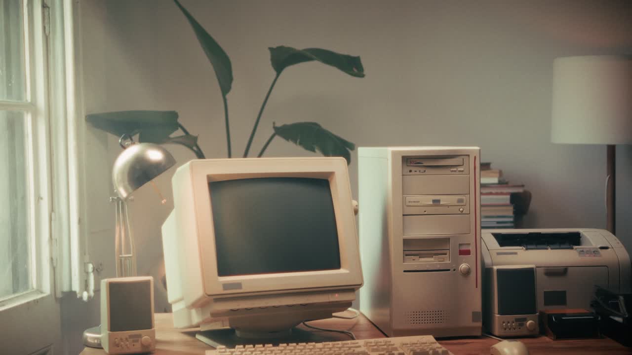 Retro pc computer gaming, Desktop vintage with loading code console, programmer making scripts, green basic screen, Old computer studio close-up, retro wave display, late 90s PC.
