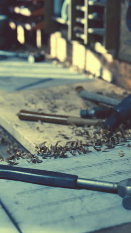 woodworking tools and sawdust on a workbench