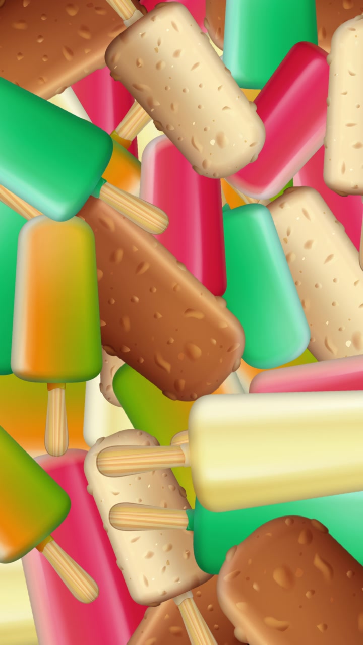Sovrapposizione di transizione verticale animata di ghiaccioli colorati e bastoncini di gelato. Dolcetti estivi che si separano su uno sfondo nero uniforme.