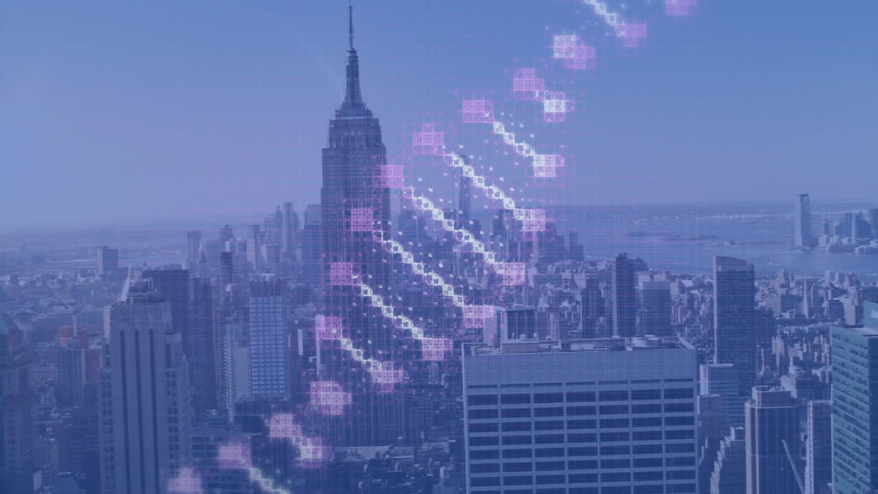Digital data animation over city skyline with skyscrapers and clear sky