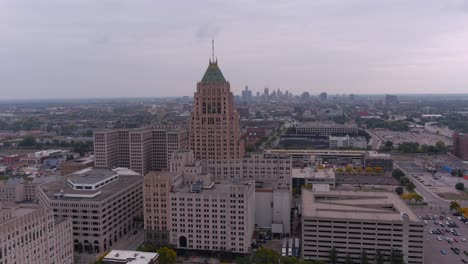 establishing drone shot of the new center area in detroit, michigan