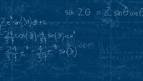 animation of mathematical equations over grid network against blue background