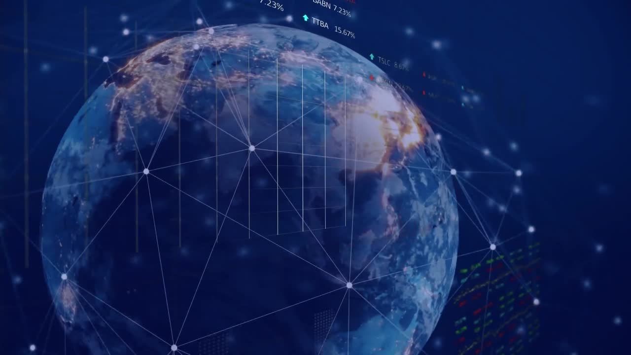 Animation of connected dots, trading board and numbers over rotating globe in background