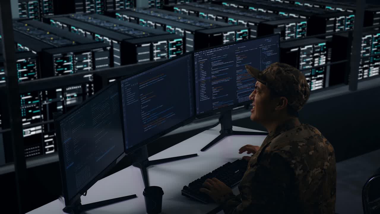 Side View Of Asian Military Having Backache While Write Code With Multiple Computer Screens In Data Center