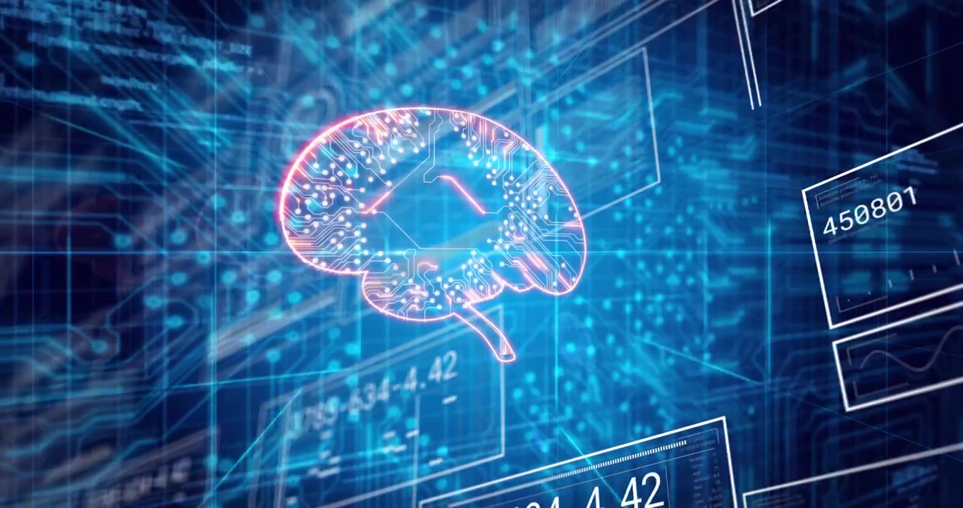 Bluish center glowing initiating panels sliding forming brain circuitry for data visualization
