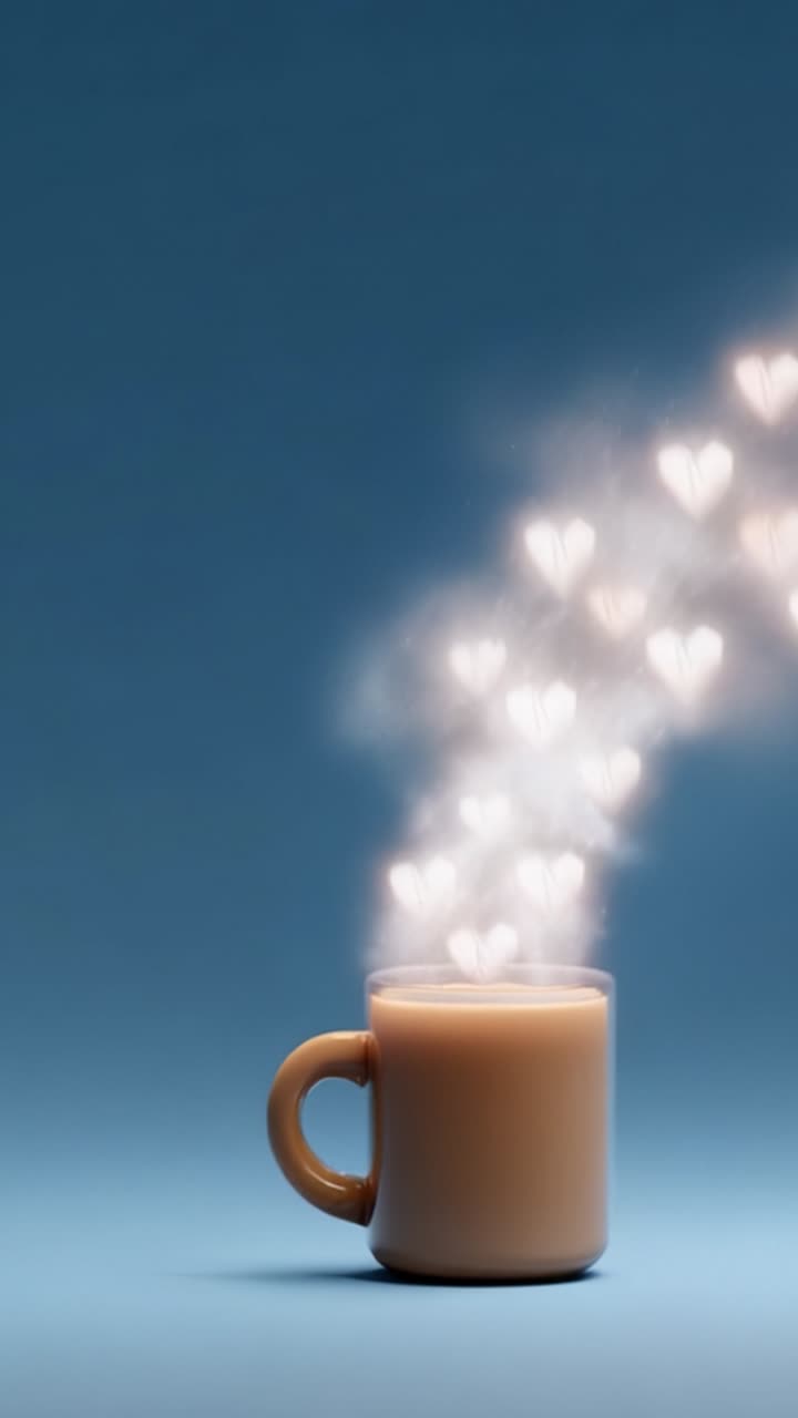 Una rappresentazione stravagante di una tazza fumante di caffè o tè con vapore a forma di cuore che sale, a simboleggiare calore, amore e momenti confortanti catturati in due fotogrammi.