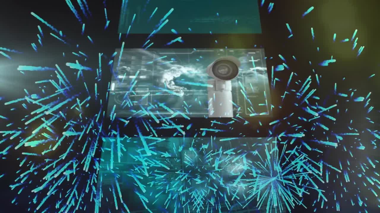 puntos de luz y fuegos artificiales explotando contra múltiples pantallas con procesamiento de datos médicos