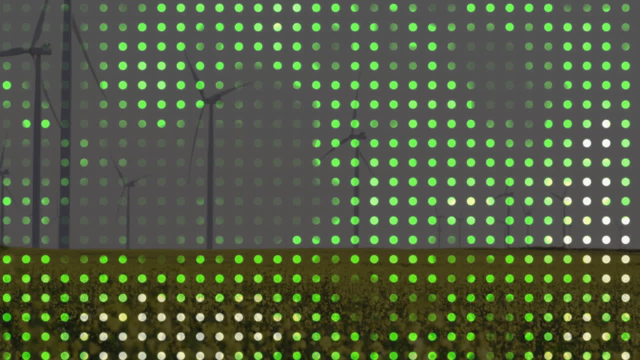 Wind turbines being animated in flat rural field scene, displaying semi-transparent green dot grid
