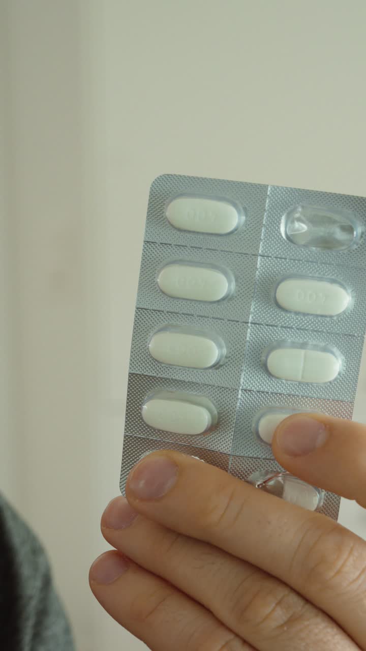 Primer plano de una mano sosteniendo un blíster de pastillas, representando medicación, atención médica y uso farmacéutico.