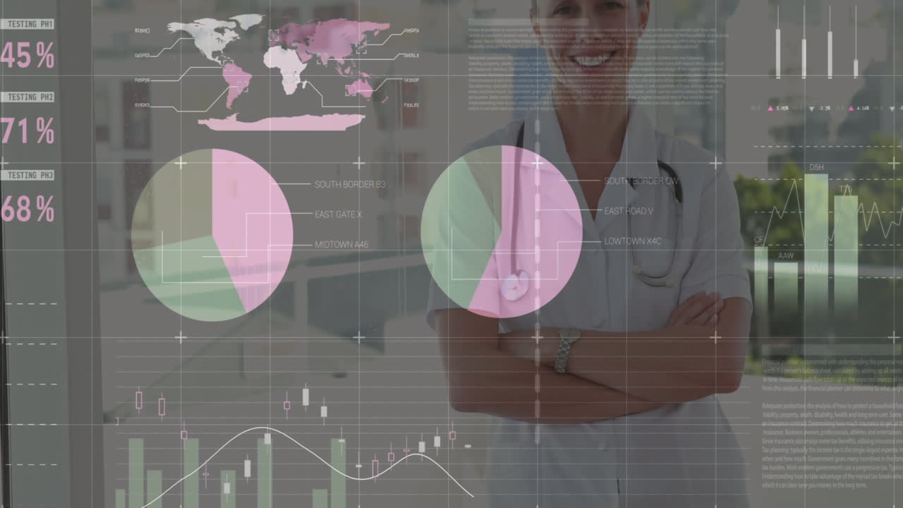 Animação de processamento de dados sobre médica caucasiana feliz.