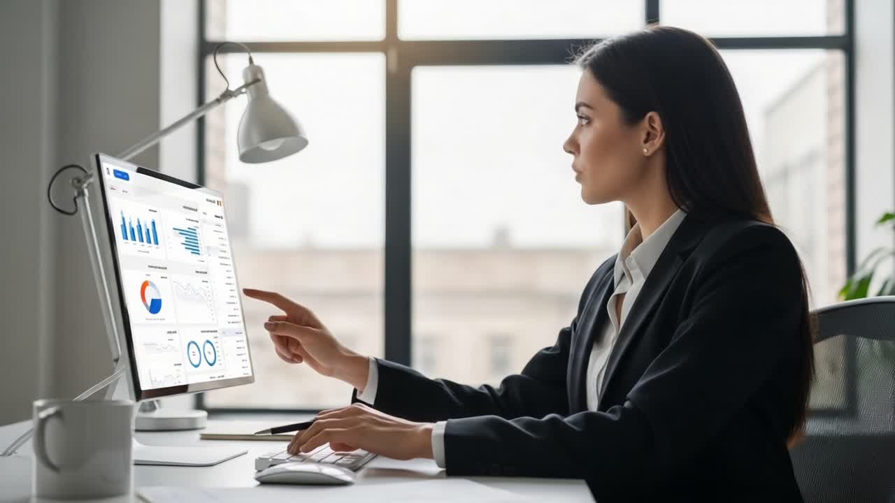 Professional Woman Engaged in Data Analysis at Modern Workspace, Analyzing Charts and Graphs on Computer Display with Natural Light Streaming Through Windows