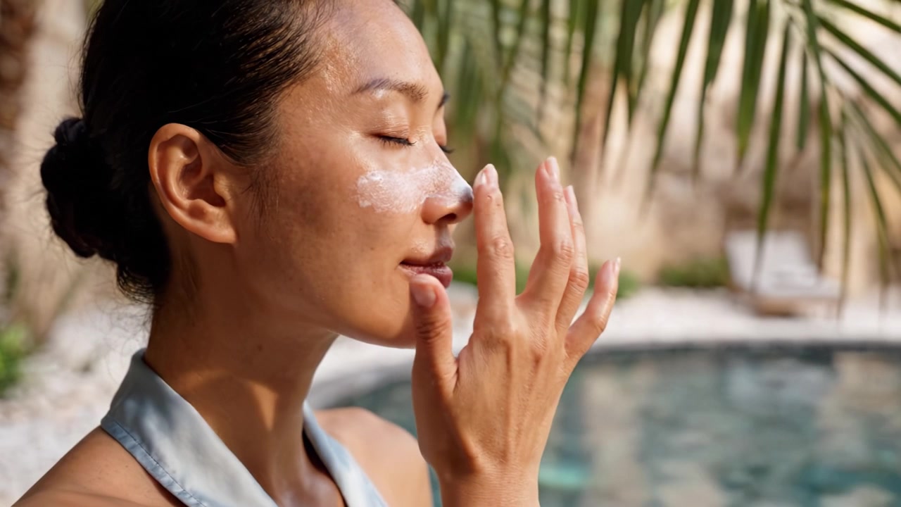 A woman applies skincare confidently by a tranquil poolside, enjoying a peaceful moment surrounded by nature while enhancing her beauty routine.