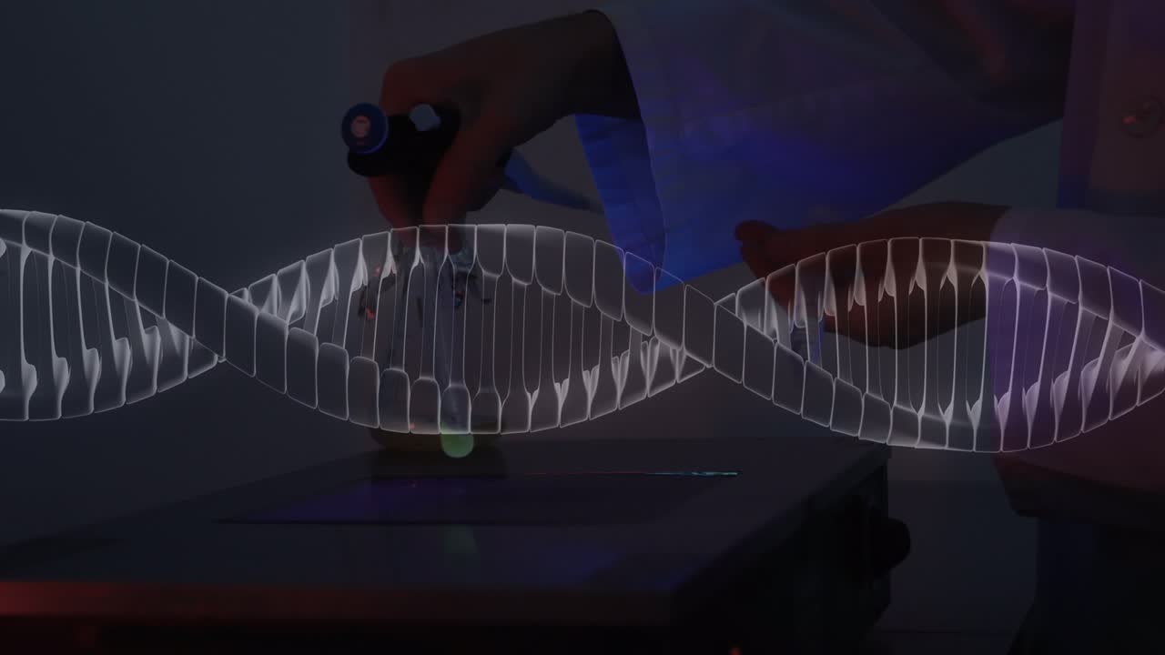 Animation of dna strand over female scientist in lab