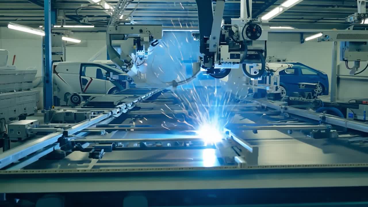 工場で溶接作業をするロボットアーム
