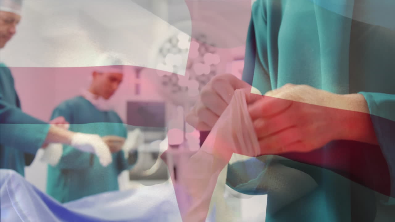 анимация флага англии, развевающегося над хирургами в операционной