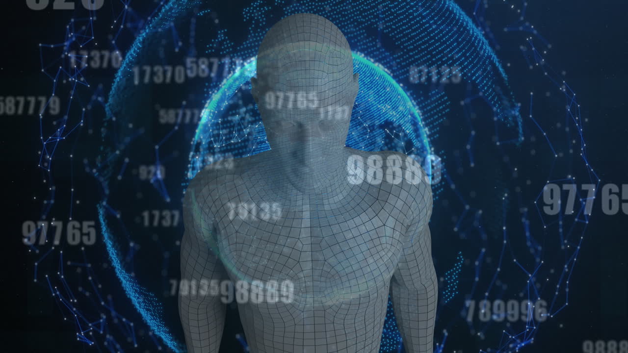 múltiples números cambiantes y modelo de cuerpo humano masculino contra el globo de la red de conexiones