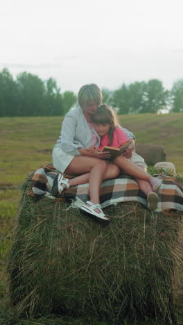 madre abraza con amor a su hija pequeña mientras comparten una novela en lo alto de una bala de heno, rodeados por la vasta extensión de tierras de cultivo serenas durante una tranquila puesta de sol