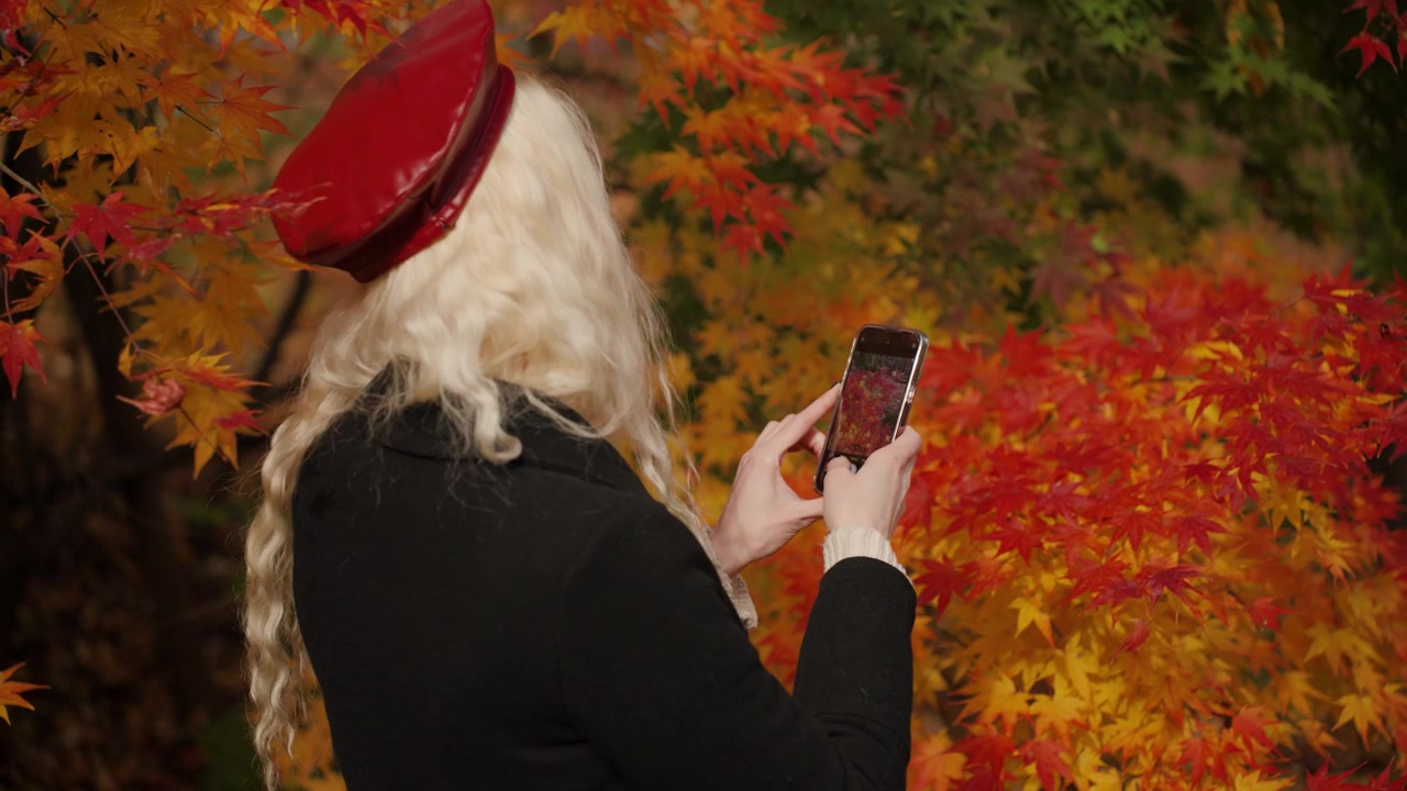 Donna europea con giacca nera e cappello rosso che sorride sotto gli alberi autunnali nel Parco Forestale di Yangjae, mentre scatta foto al rallentatore delle foglie di acero giapponese