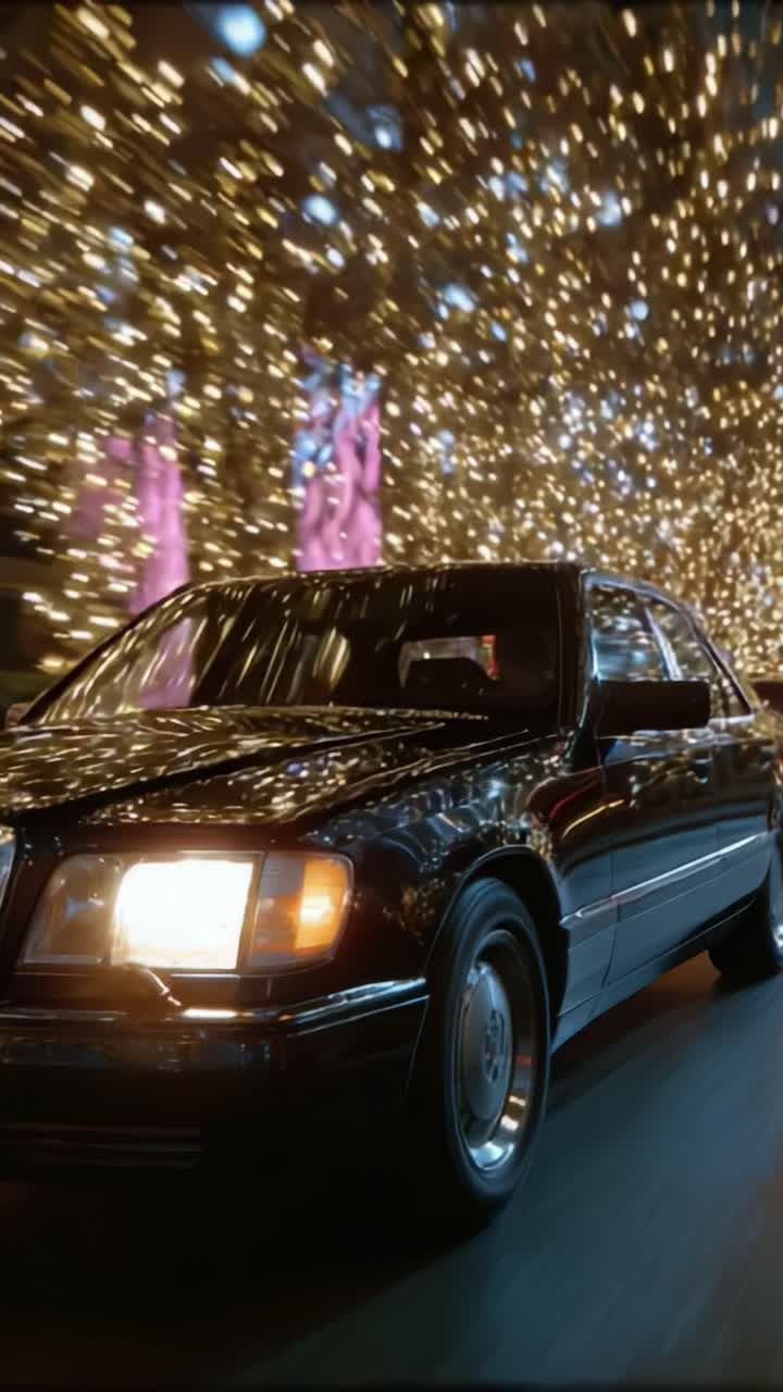 Un elegante coche de lujo negro conduce por un camino iluminado y vibrante, adornado con luces brillantes y decoraciones coloridas, creando una escena nocturna fascinante